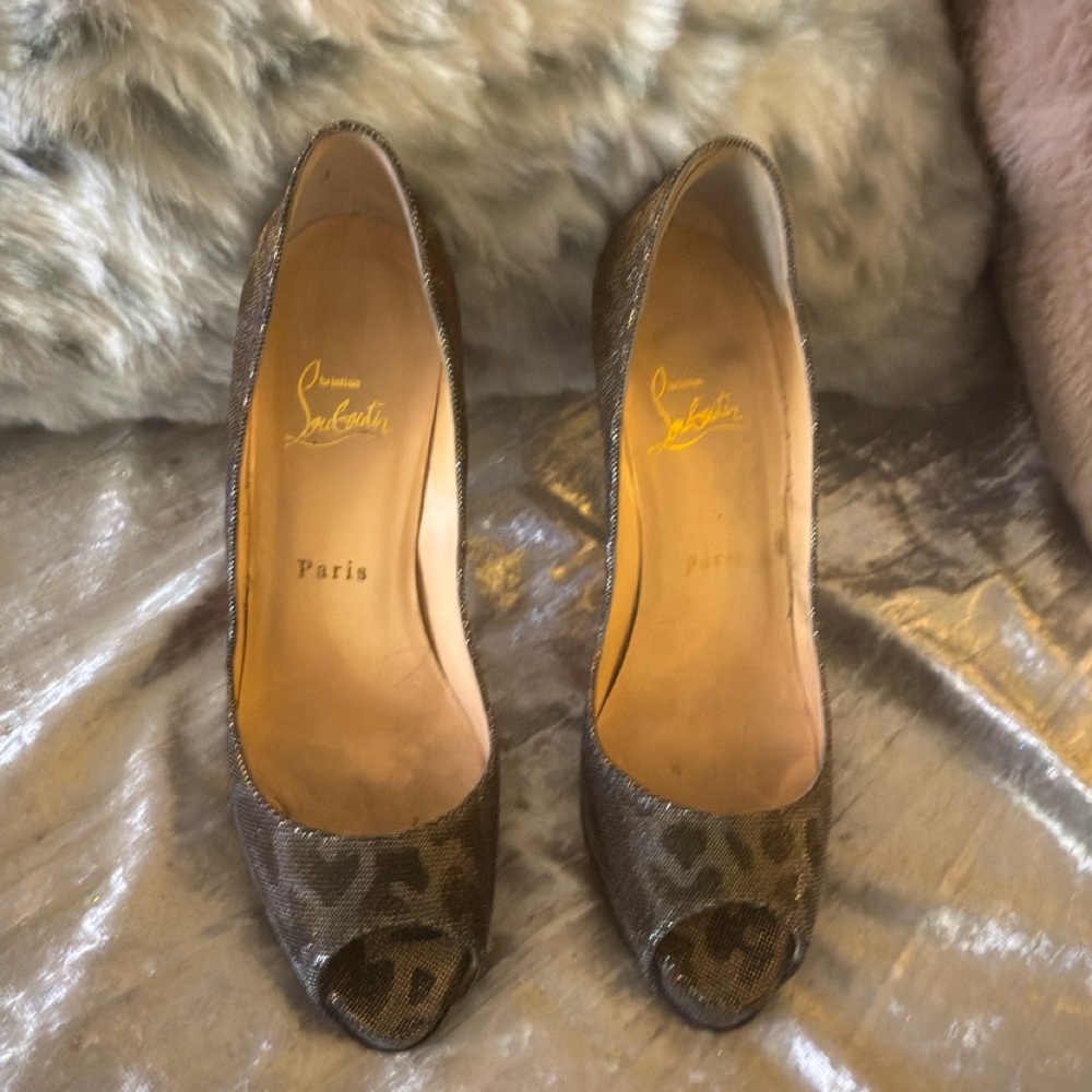 Christian Louboutin Metallic Leopard Peep Toe Heels Size 38 1/2